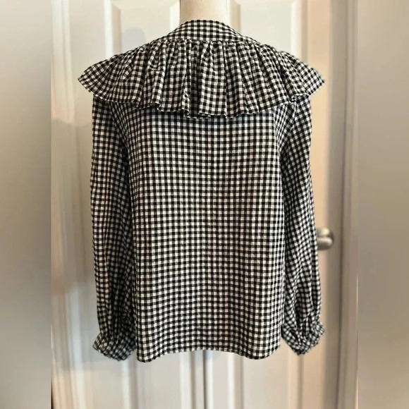Zara Gingham printed Ruffled black/ white Blouse size S‎ - Picture 7 of 11